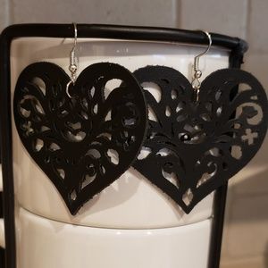 Black leather laser cut Heart shaped dangle earrin
